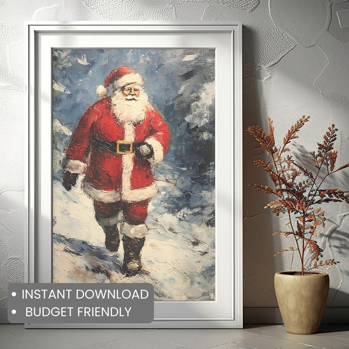 Santa Strolling Through Snow Vintage Style Christmas Wall Art - Image 2