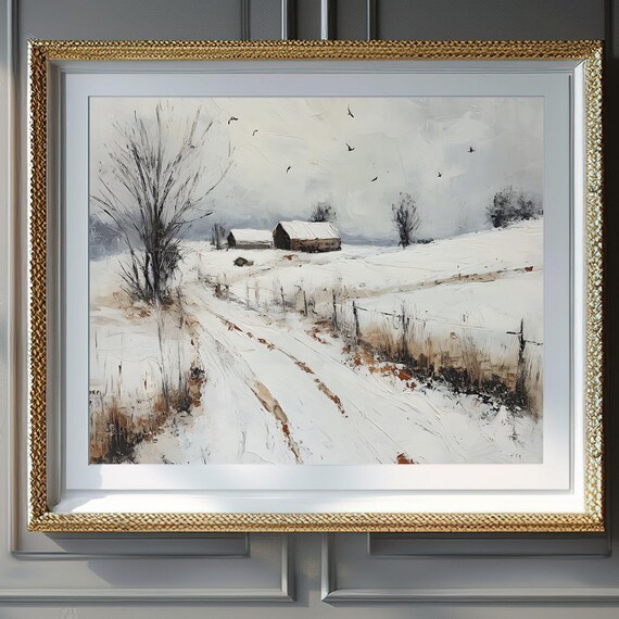 Snowy Winter Farmhouse Barn in a White Field Textured Oil Poster