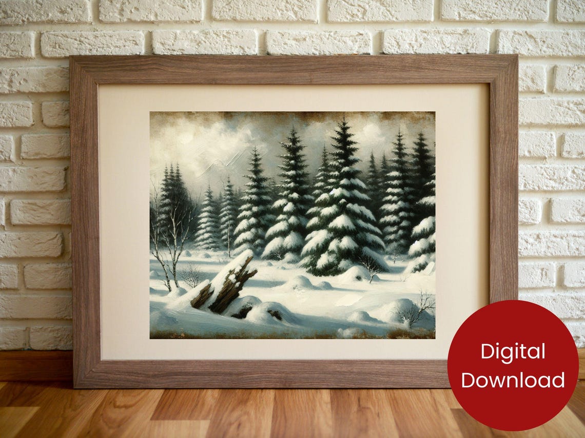 Peaceful Snowy Pine Forest Fallen Log Vintage Winter Painting Poster