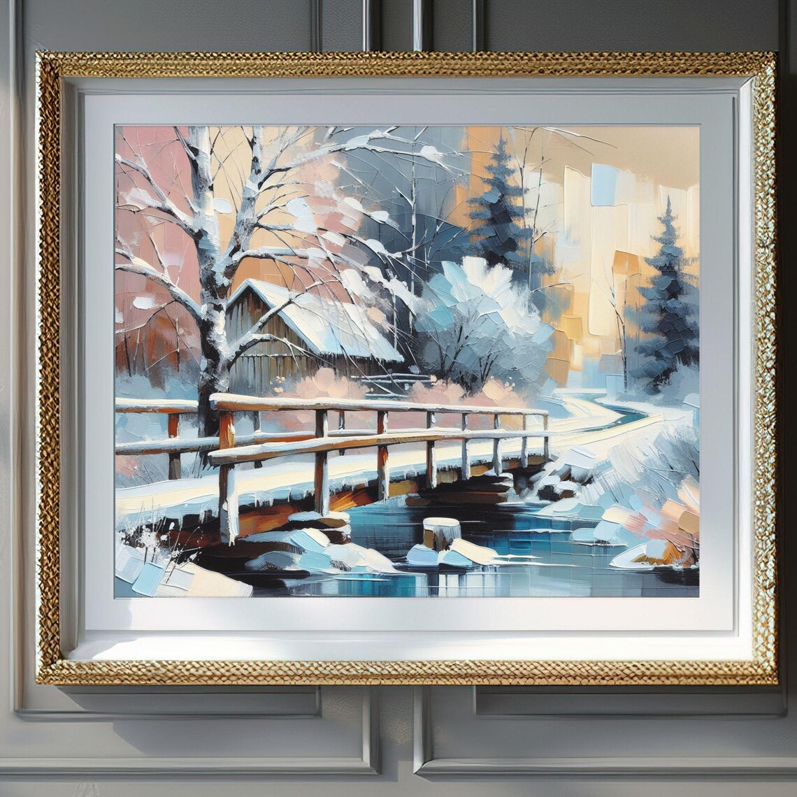 Snowy Wooden Bridge Over Frozen River Winter Cabin Scene Wall Art