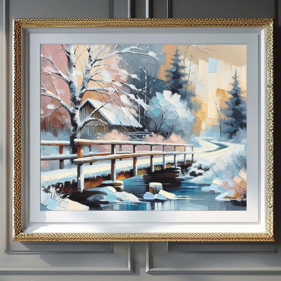 Snowy Wooden Bridge Over Frozen River Winter Cabin Scene Wall Art
