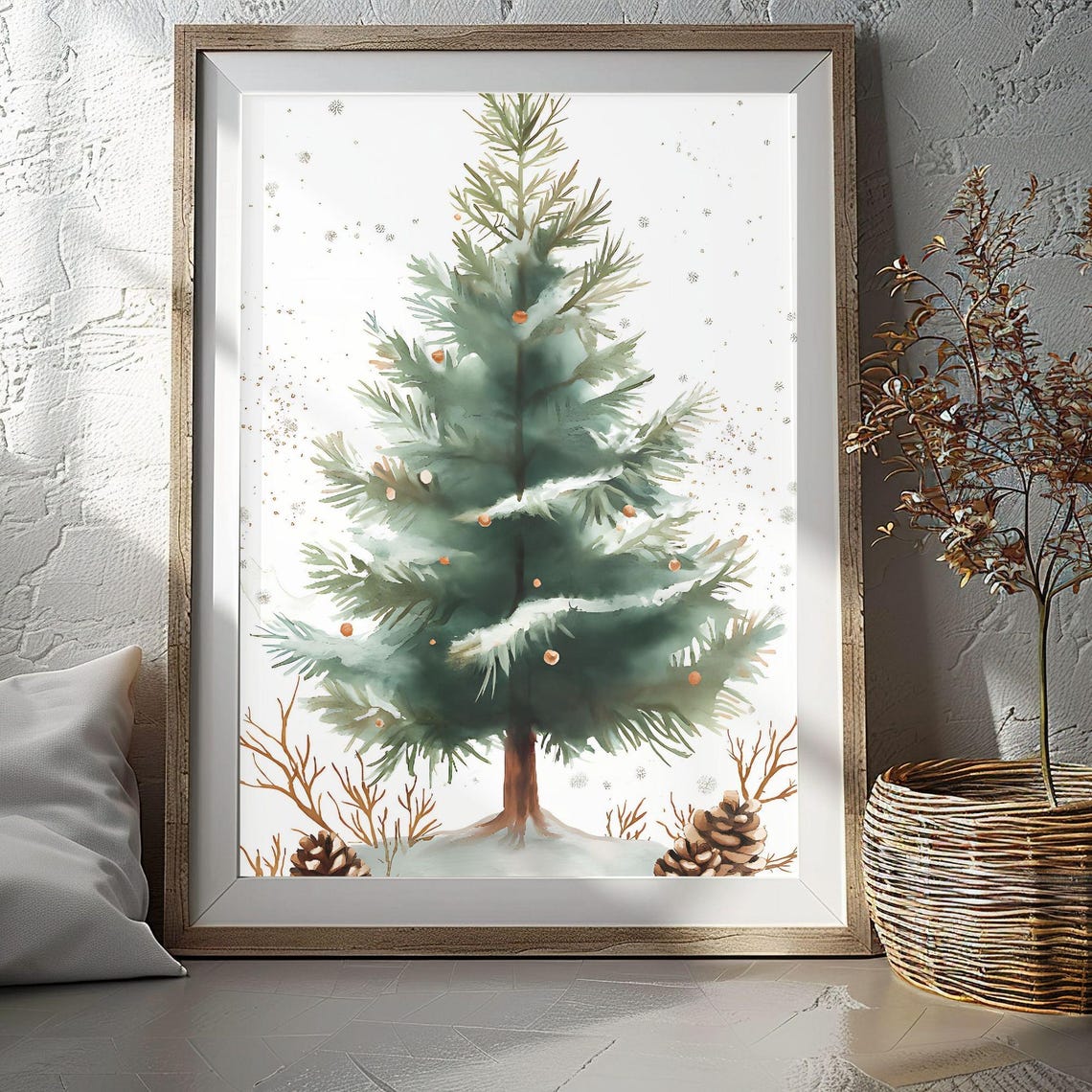 Watercolor Christmas Tree Snow Orange Baubles Holiday Poster