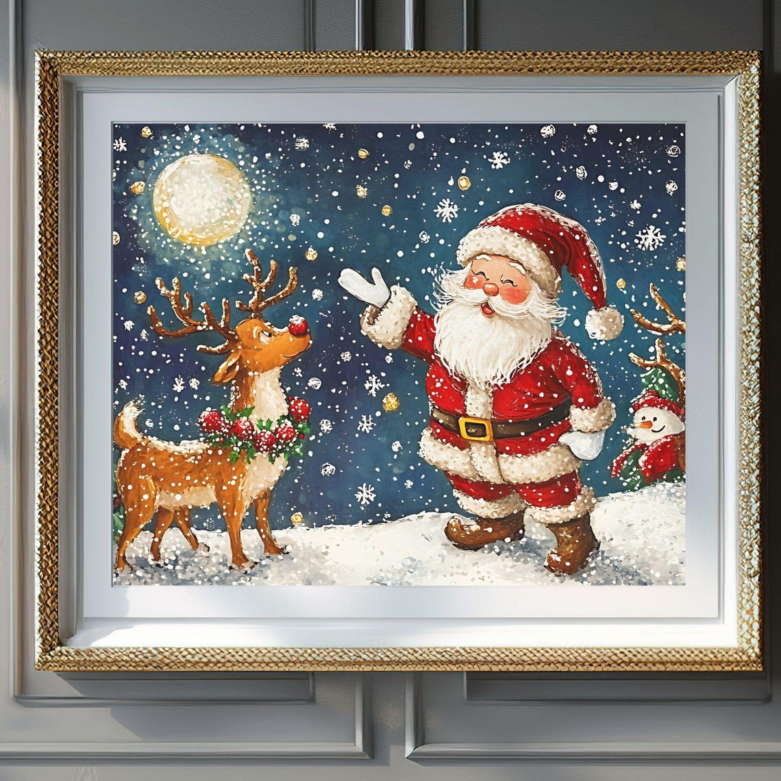 Santa Claus Reindeer Full Moon Snowy Night Holiday Art Poster