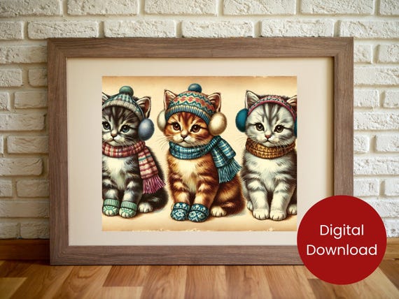 Vintage Kittens With Scarves Ear Muffs Wall Art Cozy Winter Cat Cute Retro Painting Christmas Animal Decor