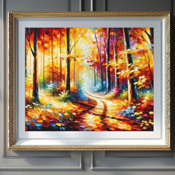 Glowing Autumn Forest Path Fall Foliage Palette Knife Painting Poster