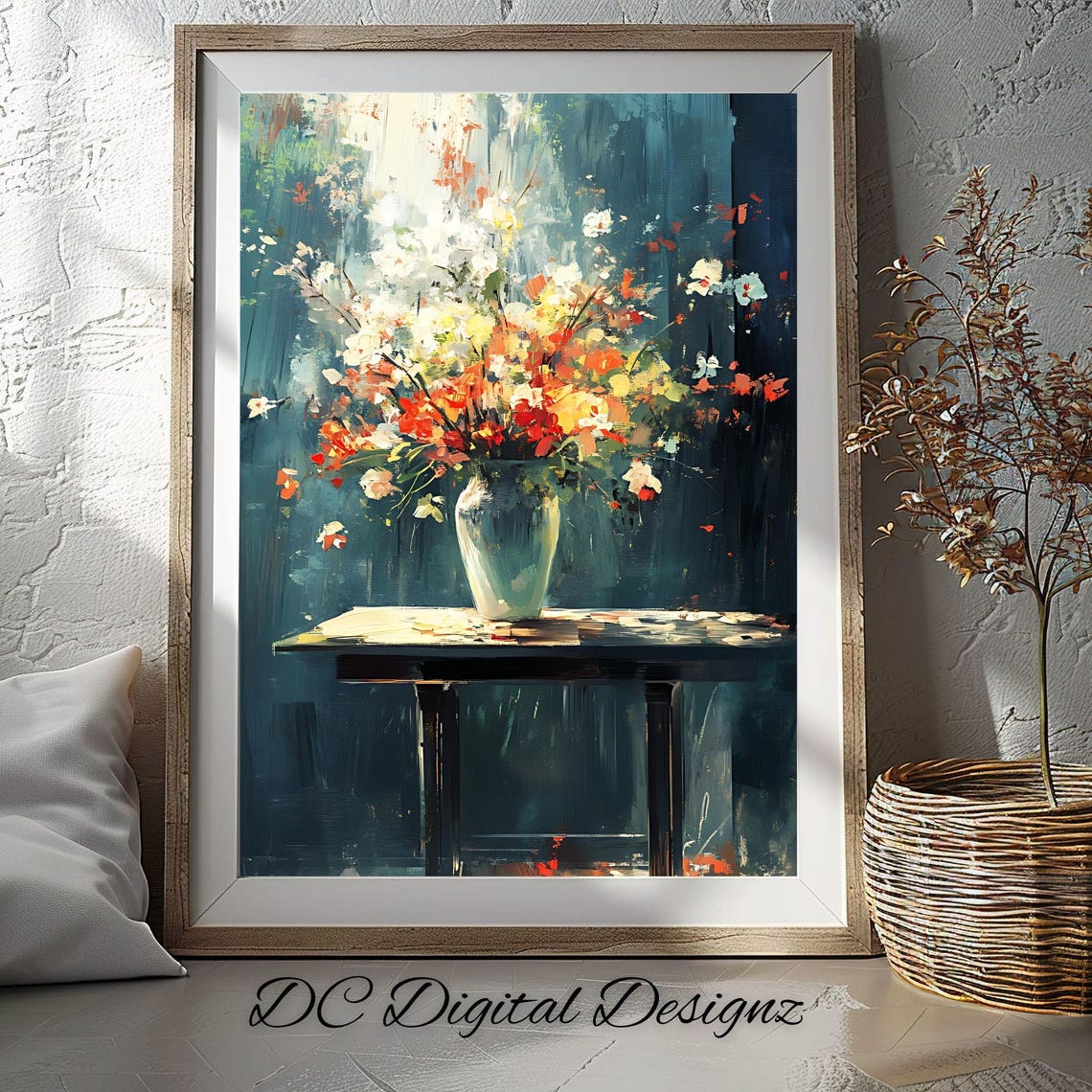 Moody Impressionist Flower Bouquet on Dark Teal Oil Still Life Poster