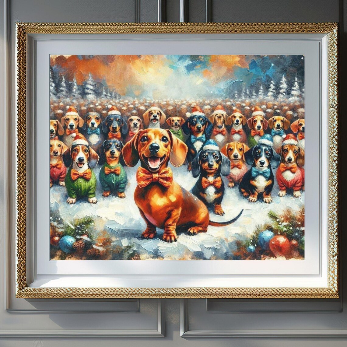 Crowd of Dachshunds in Holiday Outfits Playing in the Snow Poster