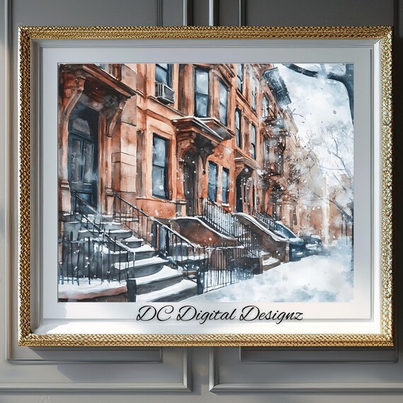 Snowy Brownstone Stoops Window View Watercolor Winter City Poster