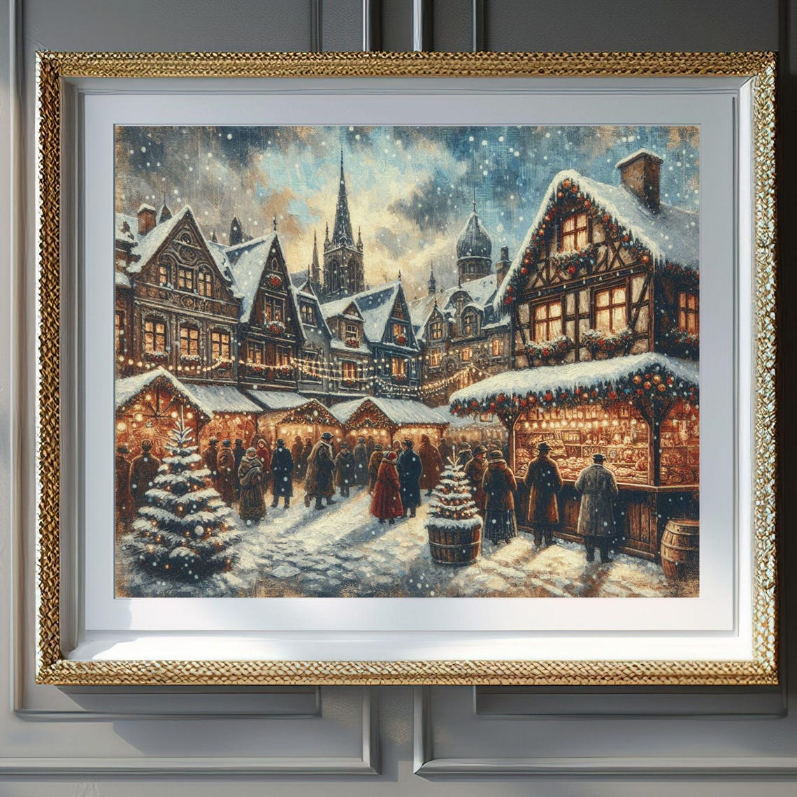 1920s Vintage Christmas Market Snow Stalls European Old Town Poster