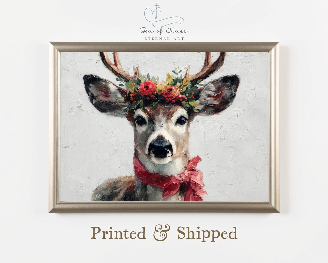 Christmas Reindeer Vintage Oil Painting Style Art Print