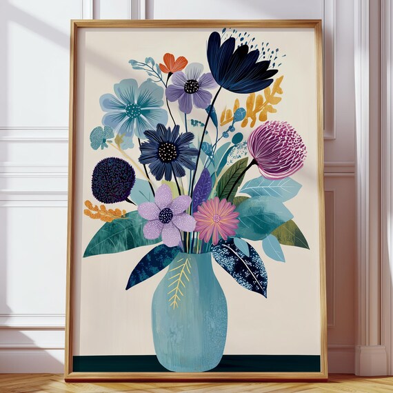 Abstract Floral Bouquet in Blue Vase Modern Botanical Art Print