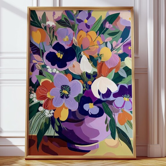 Abstract Purple Floral Bouquet Pansies in Vase Colorful Art Print