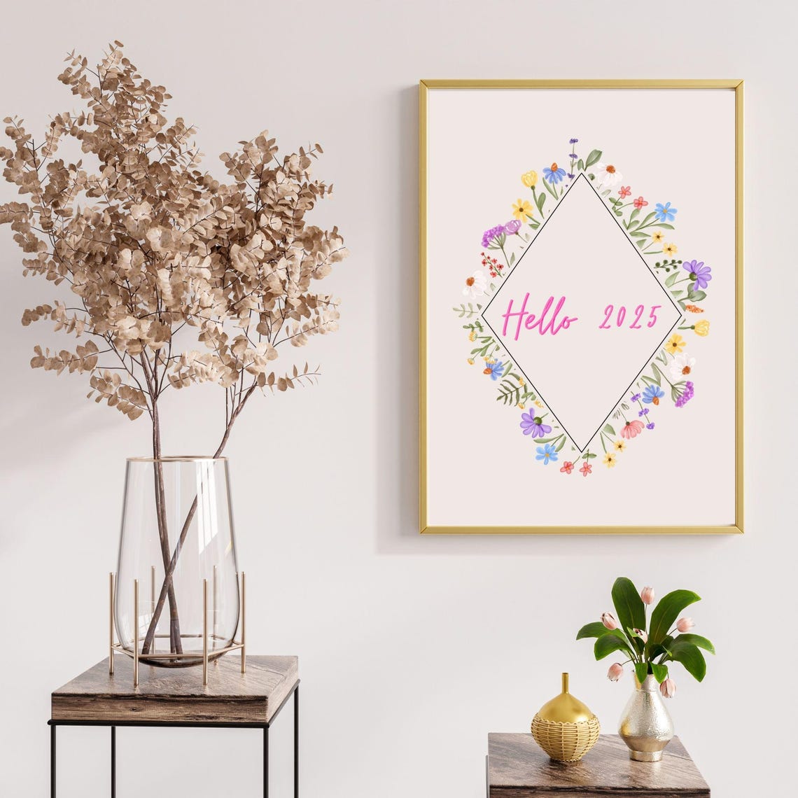 Hello 2025 Pink Script Floral Diamond Frame New Year Wall Art Poster - Image 5