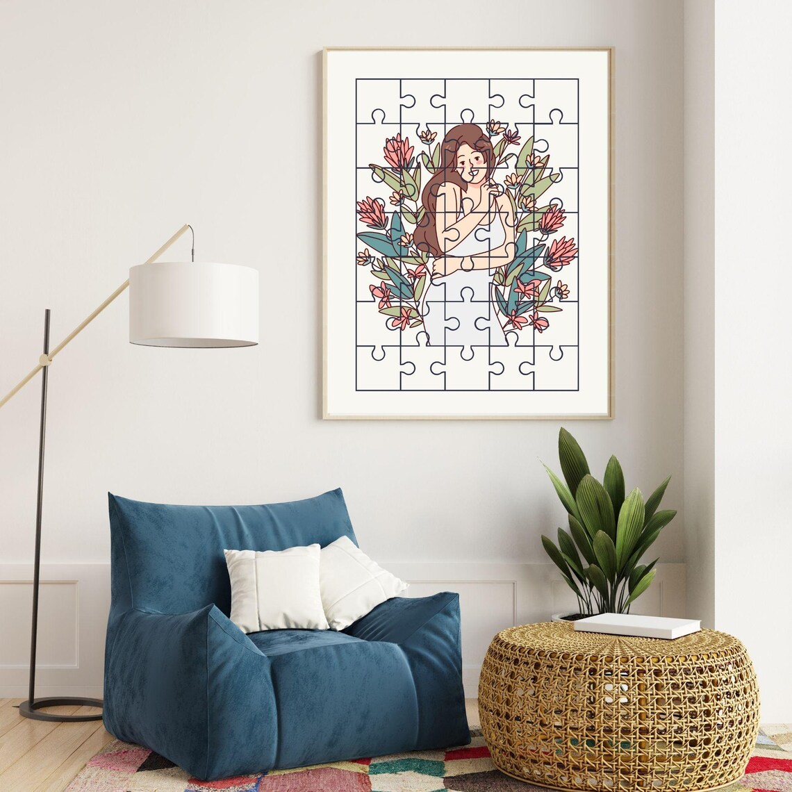 Floral Puzzle Woman Tropical Blooms Botanical Line Art Wall Poster - Image 4