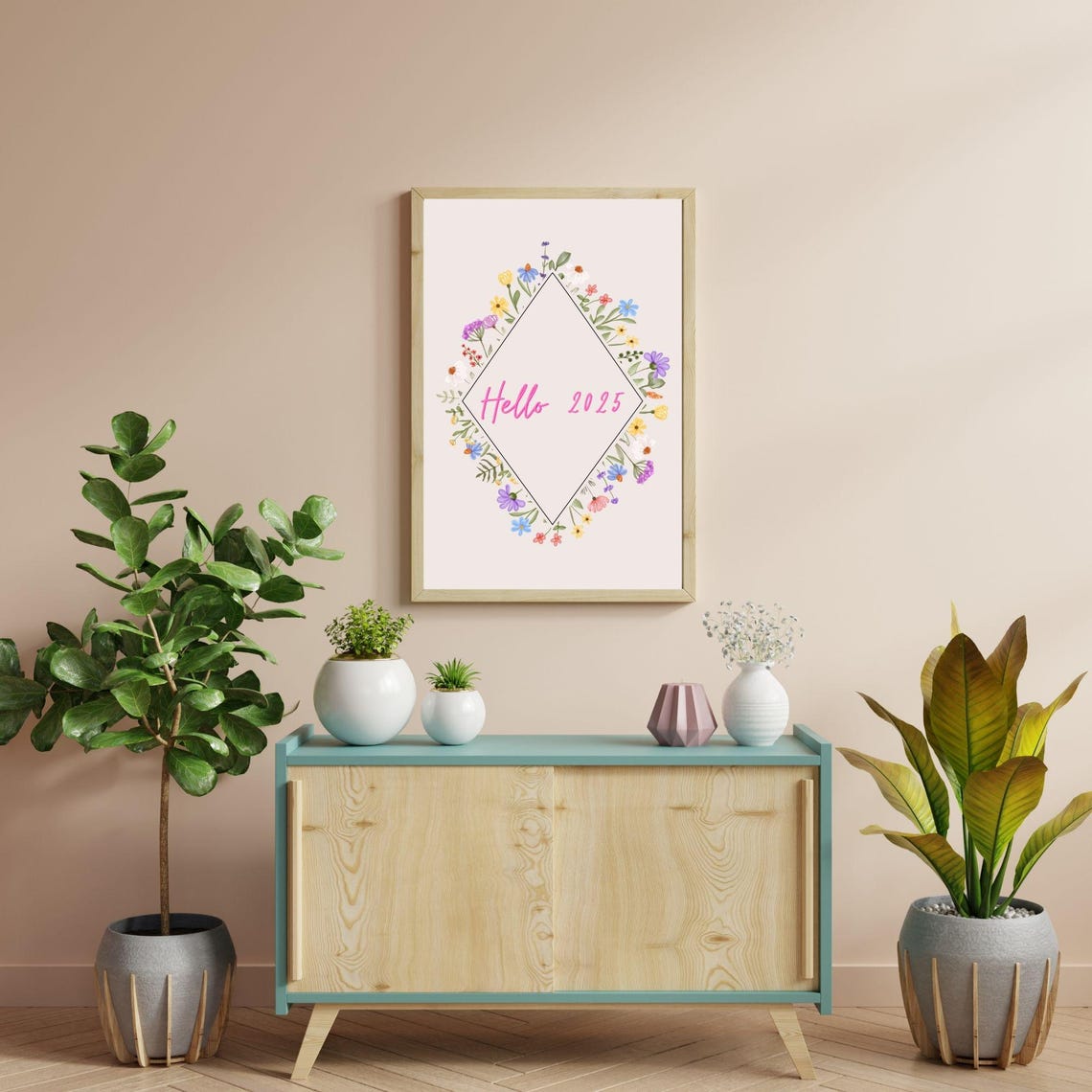 Hello 2025 Pink Script Floral Diamond Frame New Year Wall Art Poster - Image 3