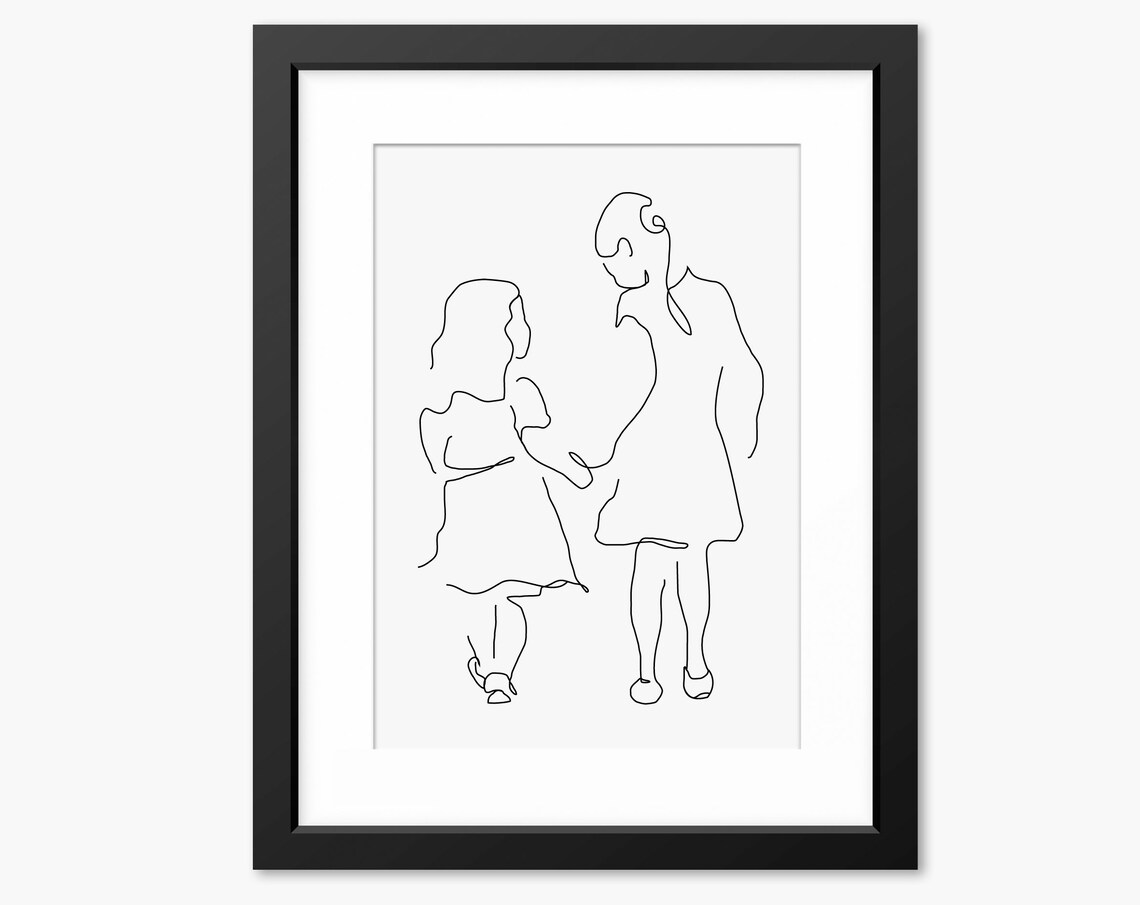 Big Sister Holding Her Little Sister's Hand Line Art Style Poster - Image 2