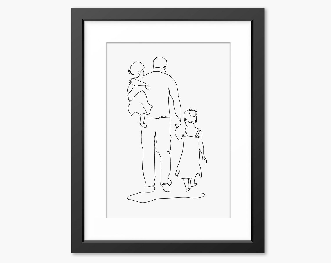 Father Carrying His Two Young Children Line Art Style Poster - Image 2