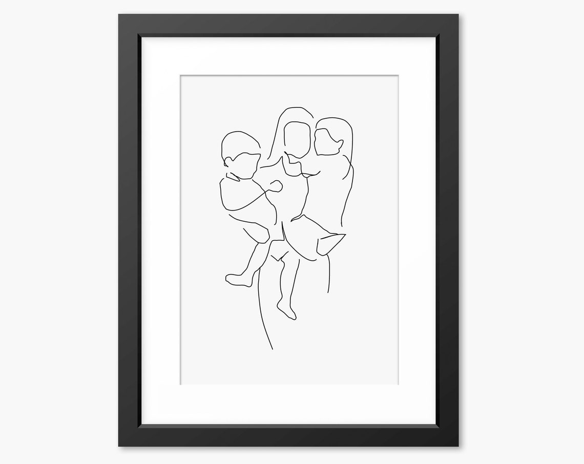 Loving Mother Holding Two Children Close Together Line Art Poster