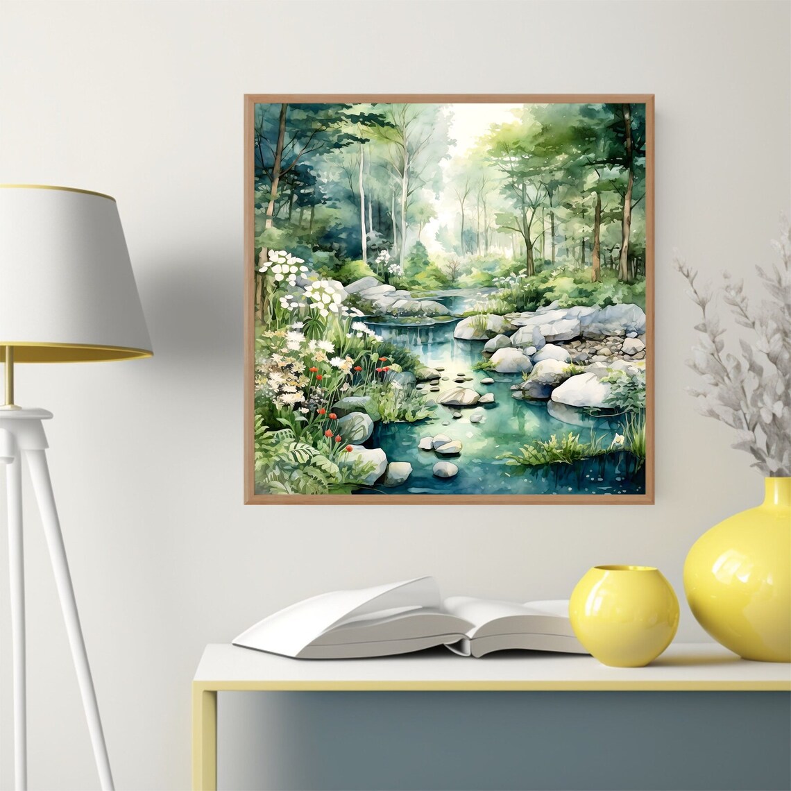 Forest Stream With Rocks White Flowers Green Watercolor Poster - Image 5