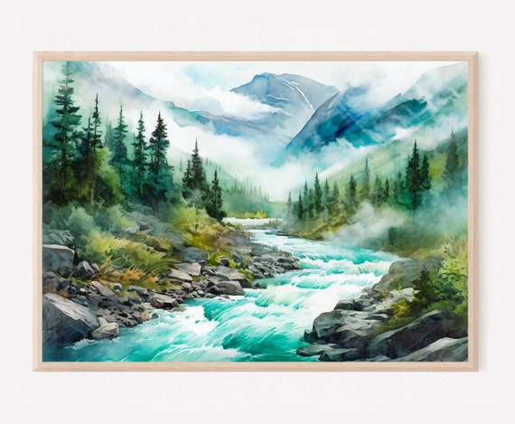 Watercolor Mountain River Painting Misty Forest Landscape Wall Art Pine Tree Blue Green Wall Art Print Mountain Poster Home Decor Gift