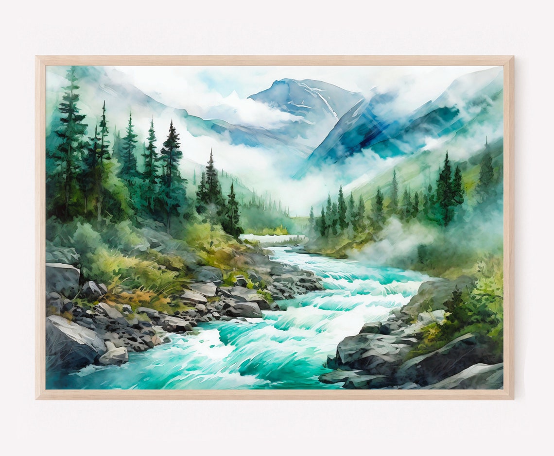 Turquoise Mountain River Rapids Evergreen Forest Watercolor Poster
