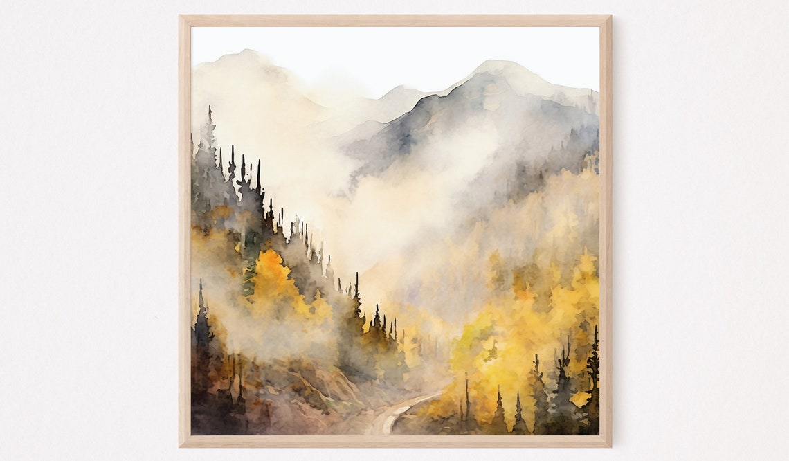 Autumn Misty Mountains Golden Aspen Watercolor Art Scene Poster