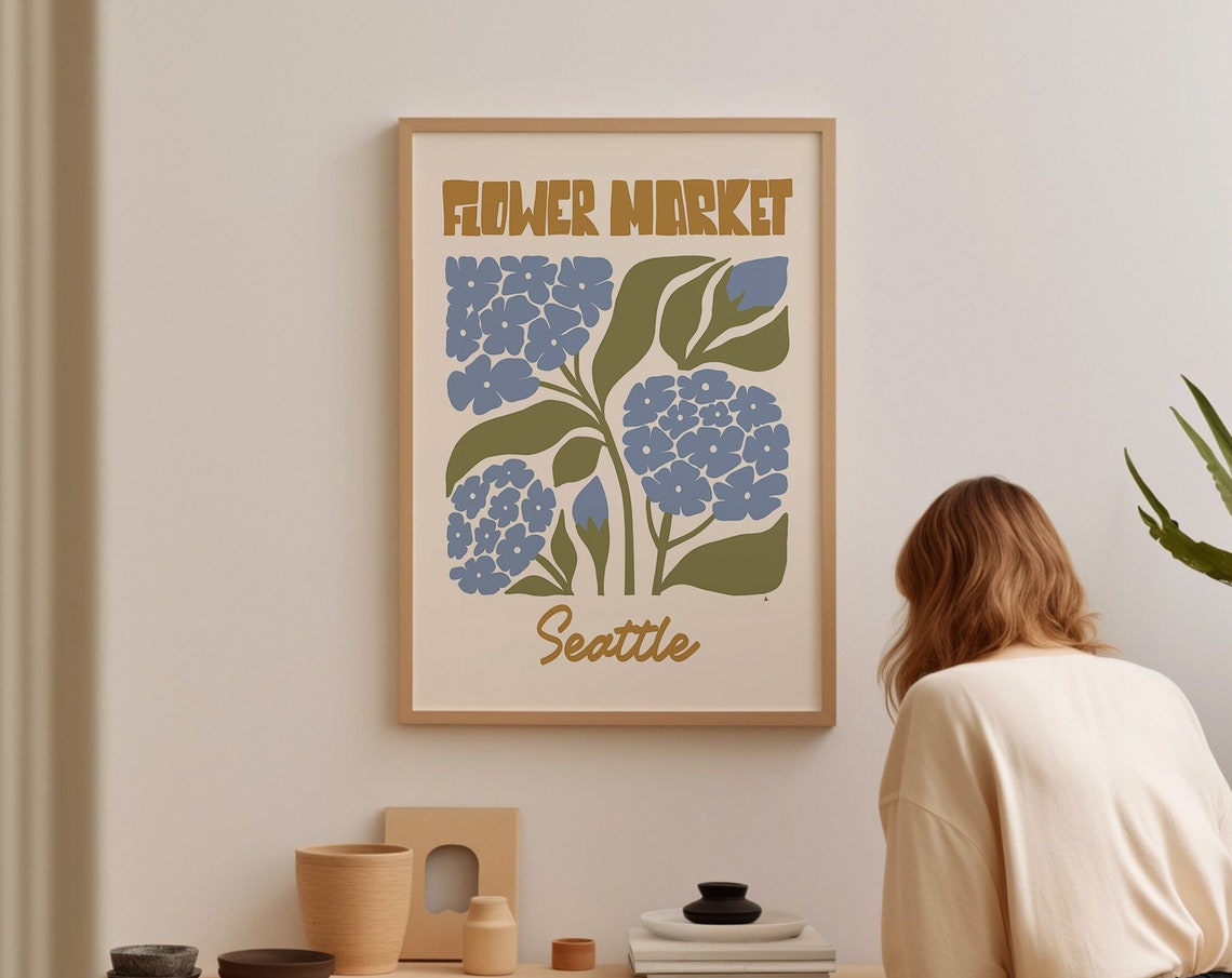Seattle Flower Market Blue Hydrangea Art Print Boho Office Decor