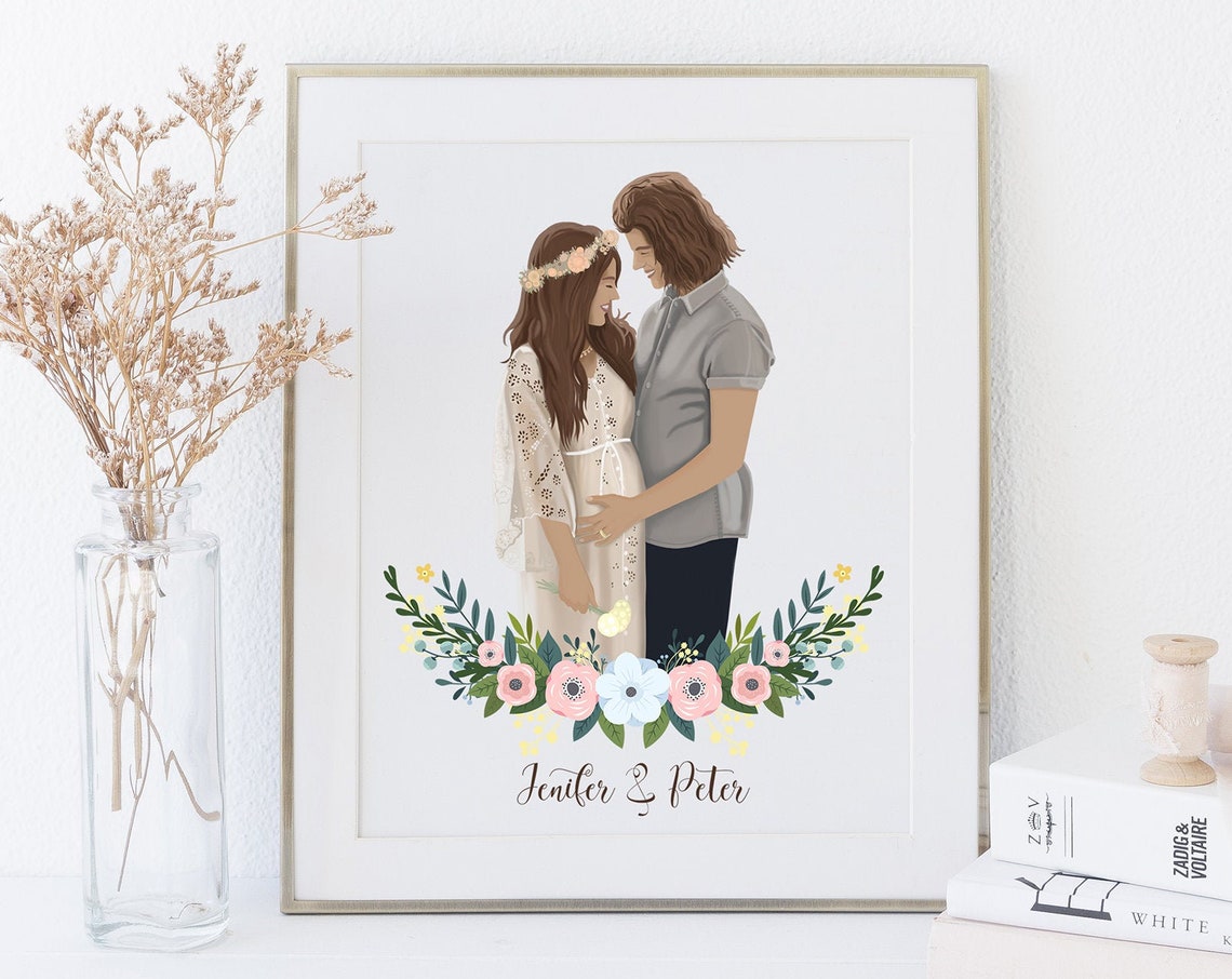 Pregnant Couple Custom Family Portrait Family Illustration Pregnancy Gift New Mom To Be Expecting Mom Baby Shower Gift - Image 5