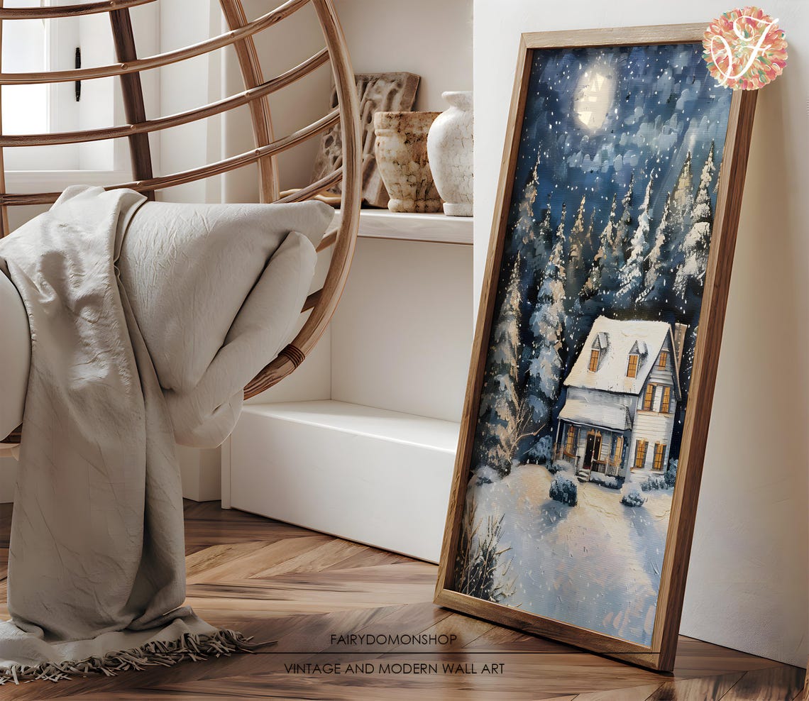 Snowy Farmhouse Moonlit Night Poster Winter Forest Christmas Decor Art - Image 3