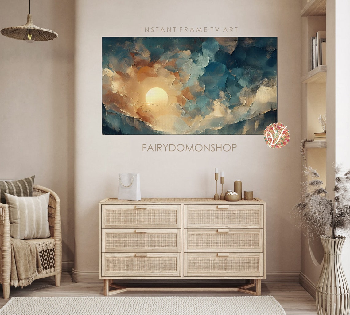 Abstract Dramatic Sunset Sun Through Teal Clouds Oil Painting Poster - Image 3