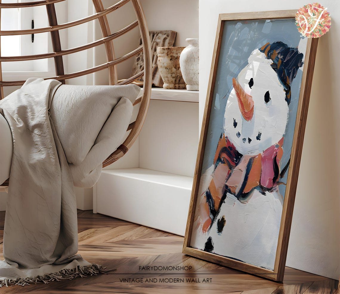 Happy Snowman Carrot Nose Poster Striped Hat Winter Holiday Decor Art - Image 3