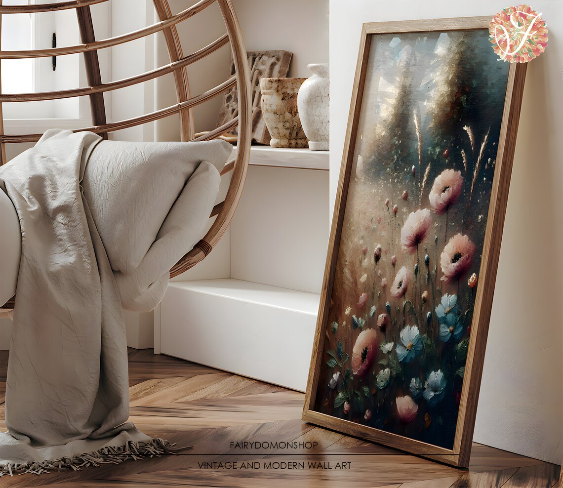 Pink Cosmos Wildflowers Golden Grass Field Oil Painting Poster - Image 3