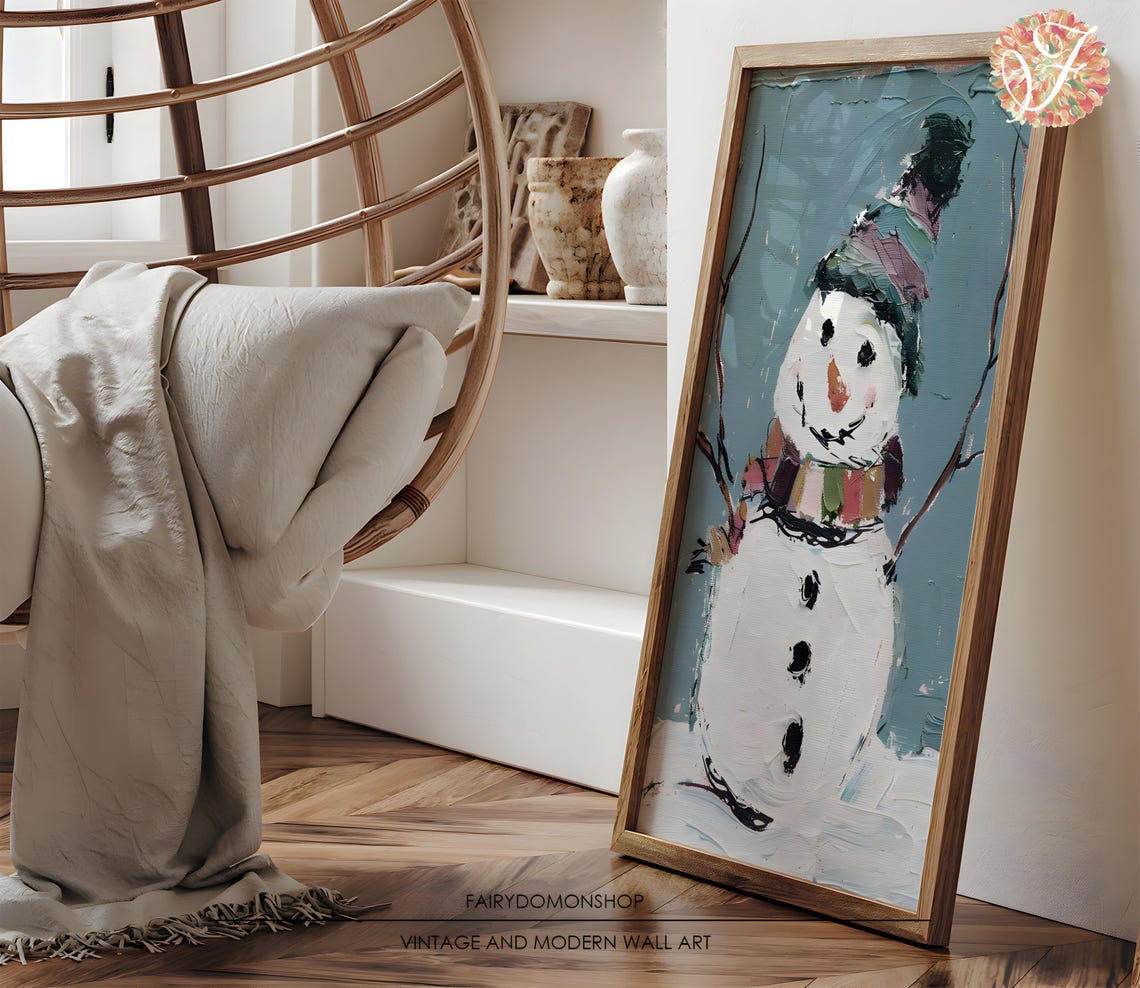 Smiling Snowman Impasto Poster Cheerful Winter Holiday Kids Room Decor - Image 3