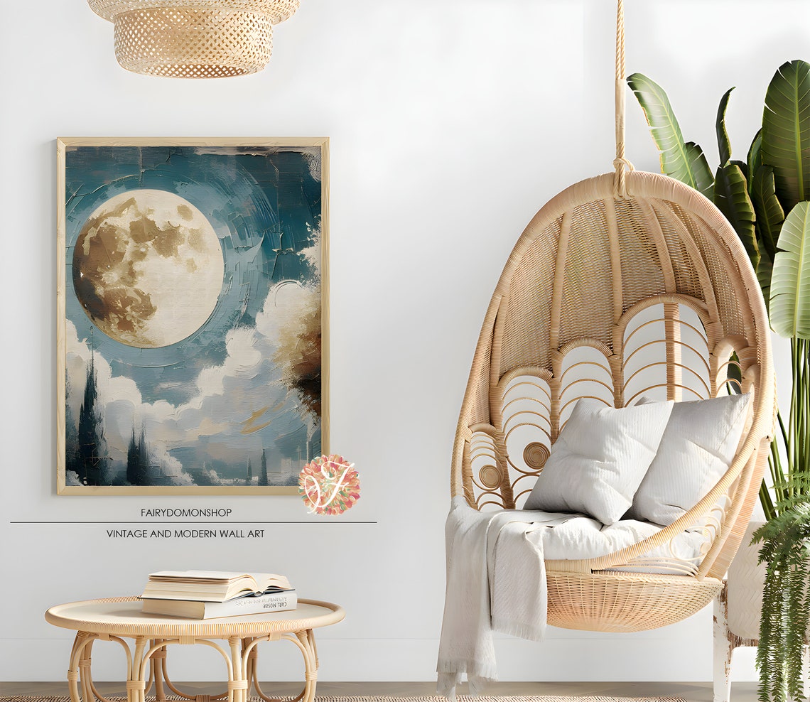 Full Moon Celestial Night Sky Teal Cloud Oil Painting Poster - Image 2