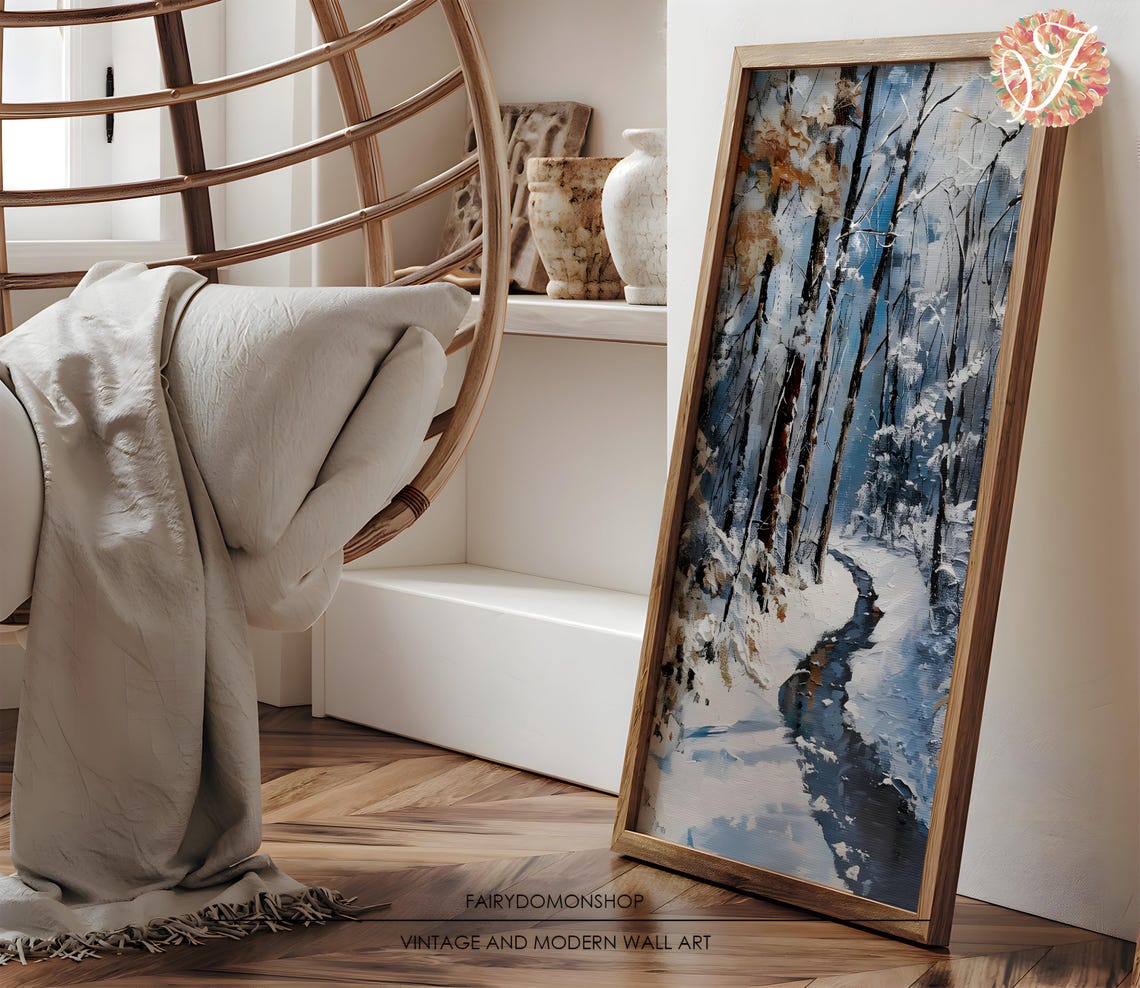 Winter Forest Path Stream Poster Impasto Snowy Woodland Painting Decor - Image 3
