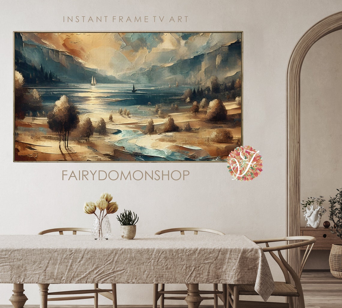 Sailboat Mountain Lake River Valley Landscape Oil Painting Poster - Image 2