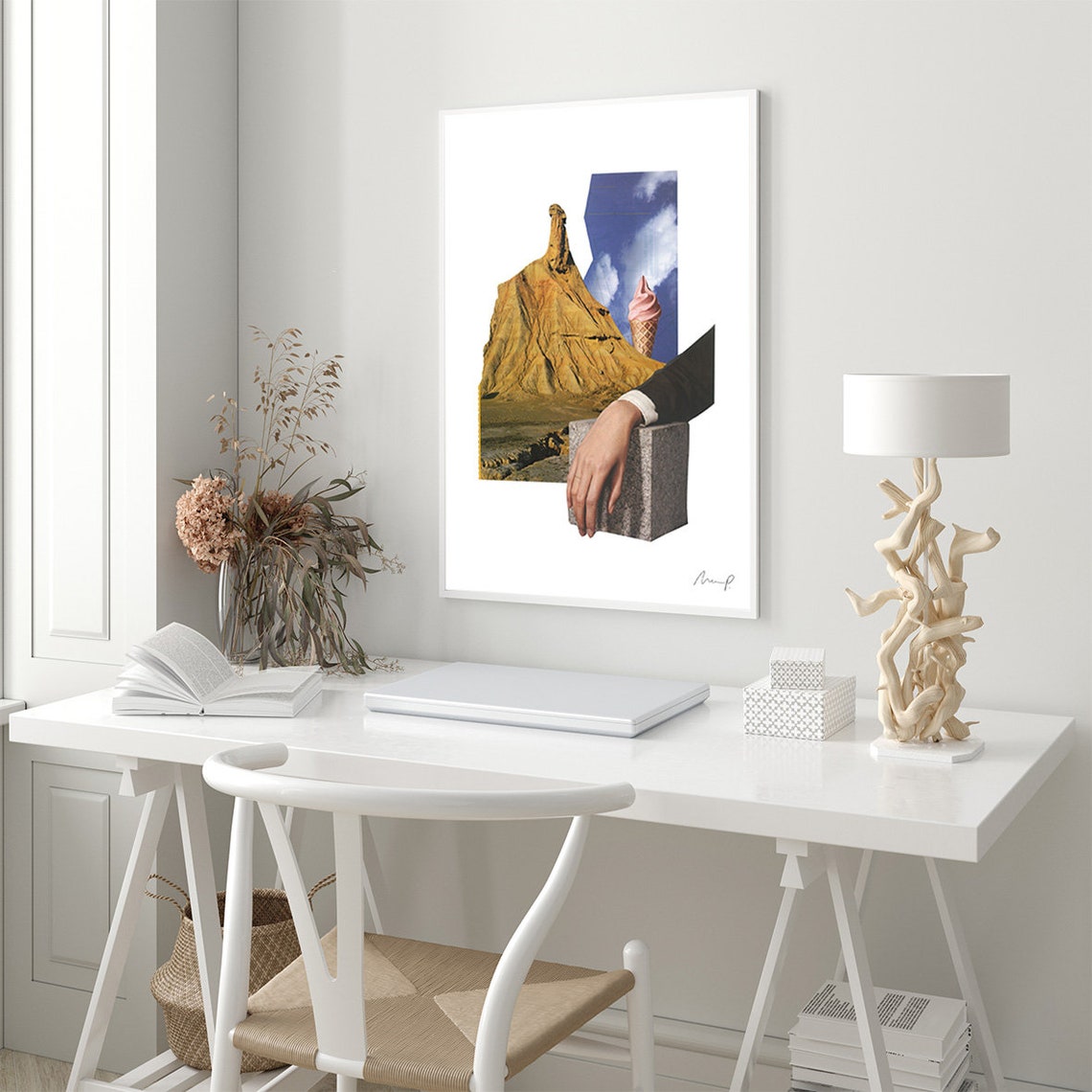 Witty Surreal Collage Desert Rock Pink Ice Cream Cone Art Poster - Image 3