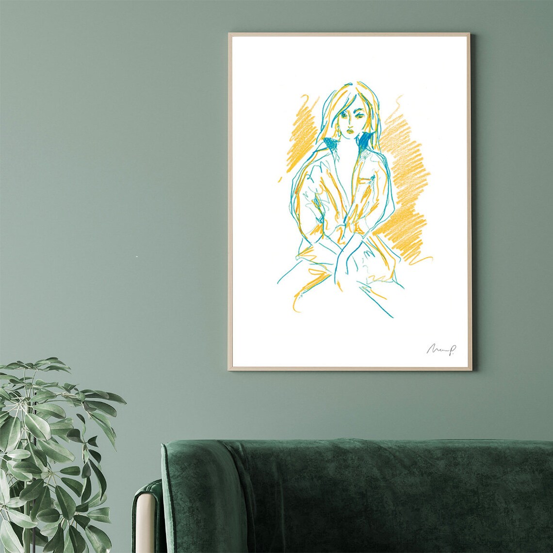Lively Fashion Sketch Seated Woman Blue Yellow Crayon Art Poster - Image 2