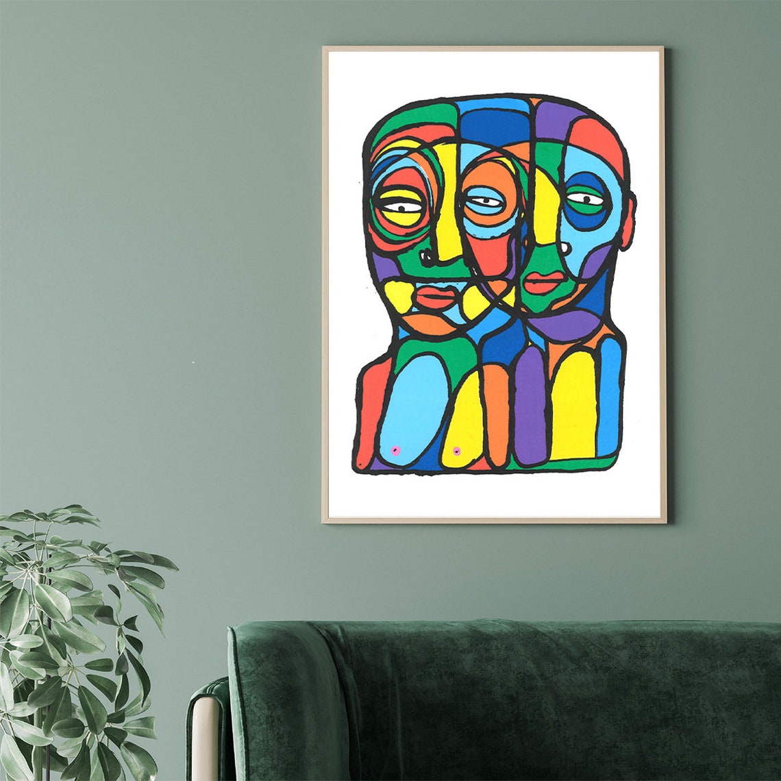 Colorful Mosaic Triple Faces Stained Glass Style Abstract Poster