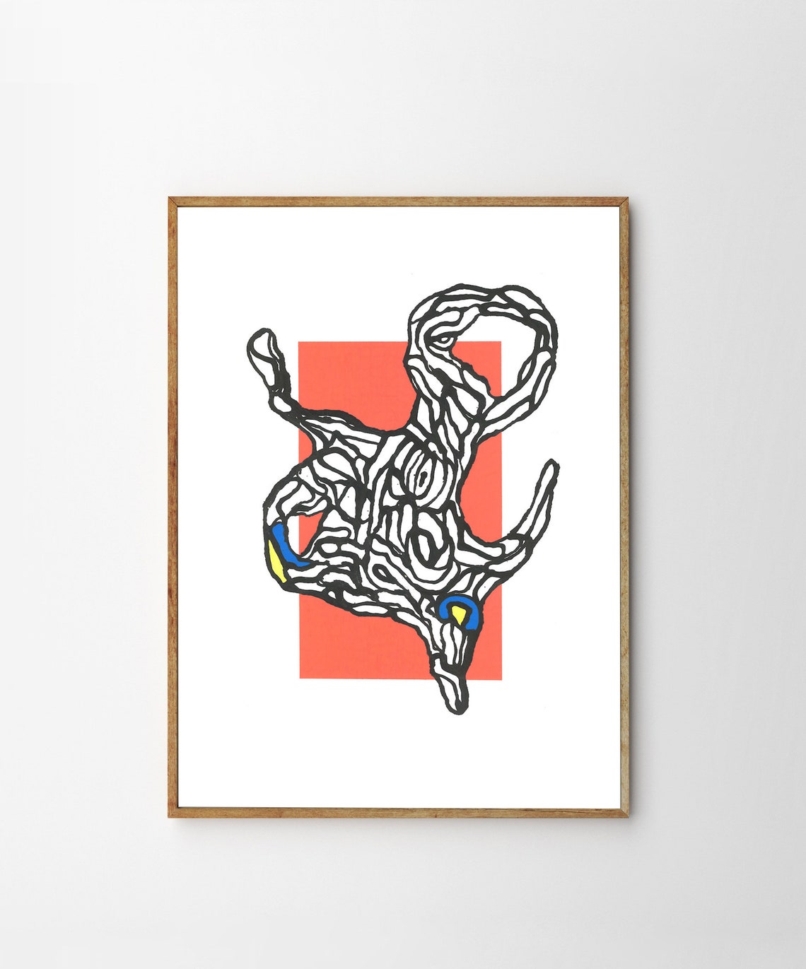 Twisted Line Creature Abstract Over Coral Red Block Art Poster