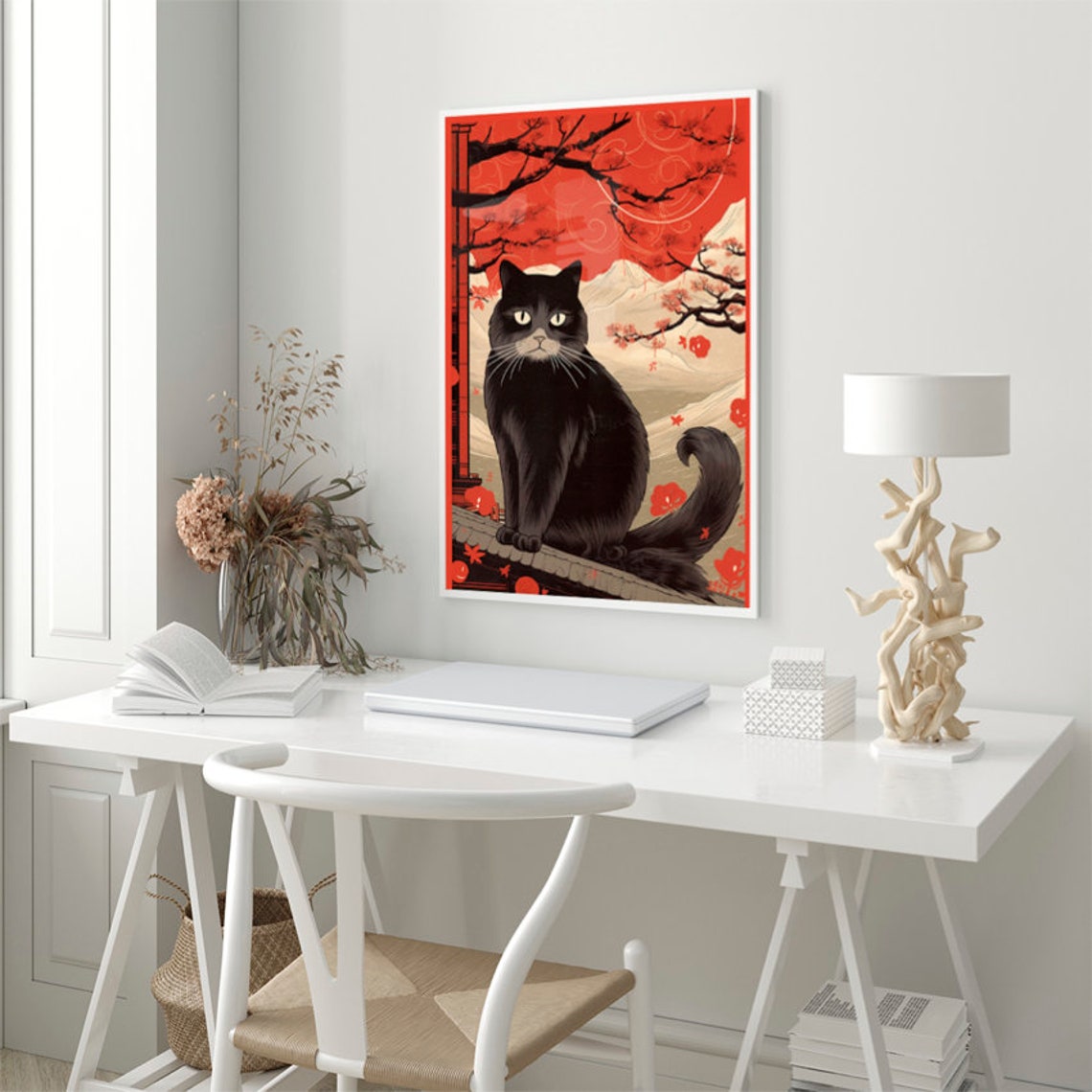 Japanese Black Cat Cherry Blossom Rooftop Ukiyo E Style Poster - Image 3