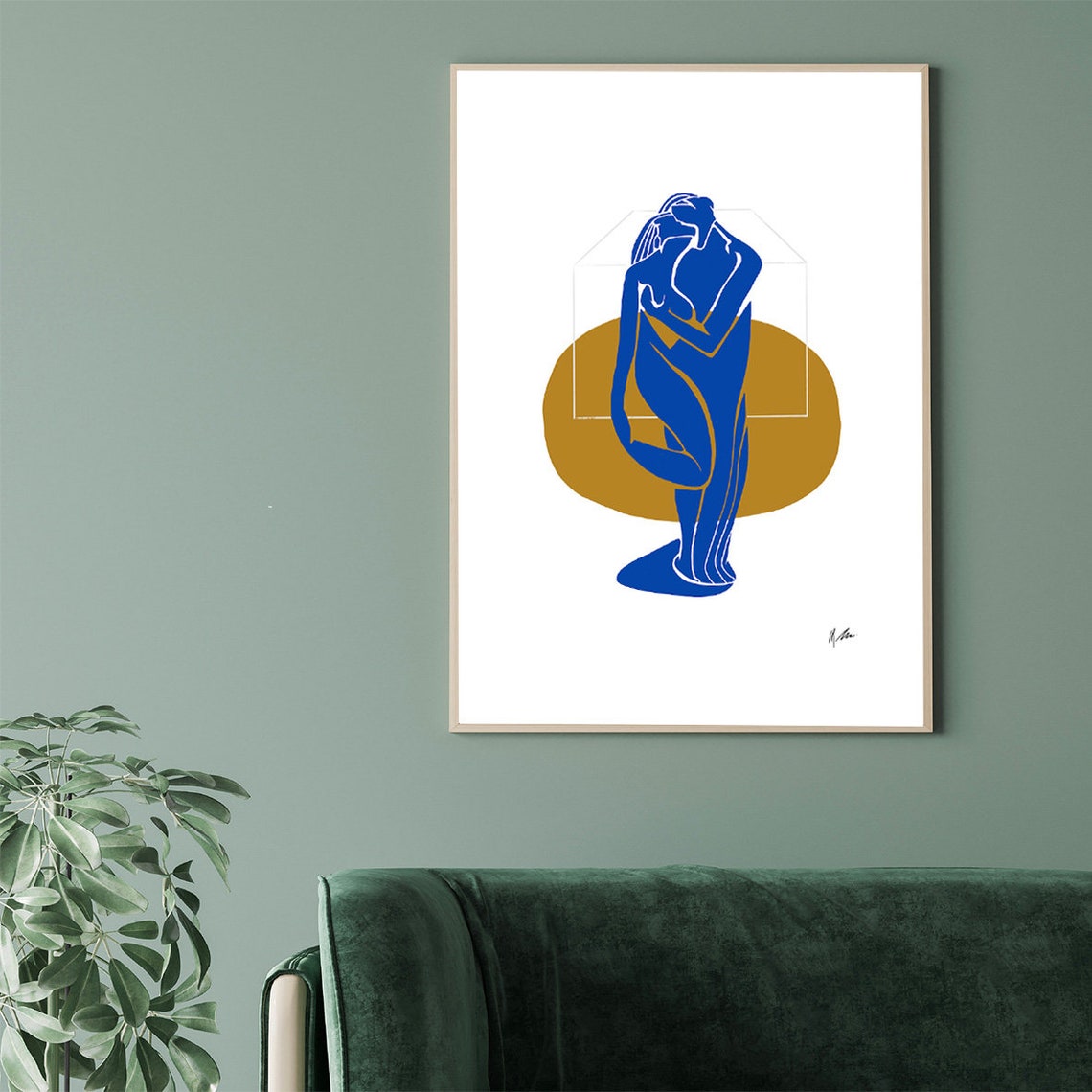 Graceful Blue Nude Dancer Gold Circle White Cube Abstract Poster