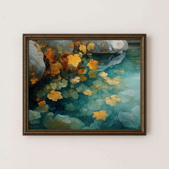 Autumn Leaves Frozen Stream Print Vintage Landscape Art