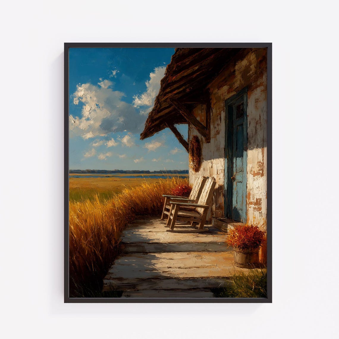 Rustic Porch Rocking Chairs Overlooking Golden Wheat Field Poster