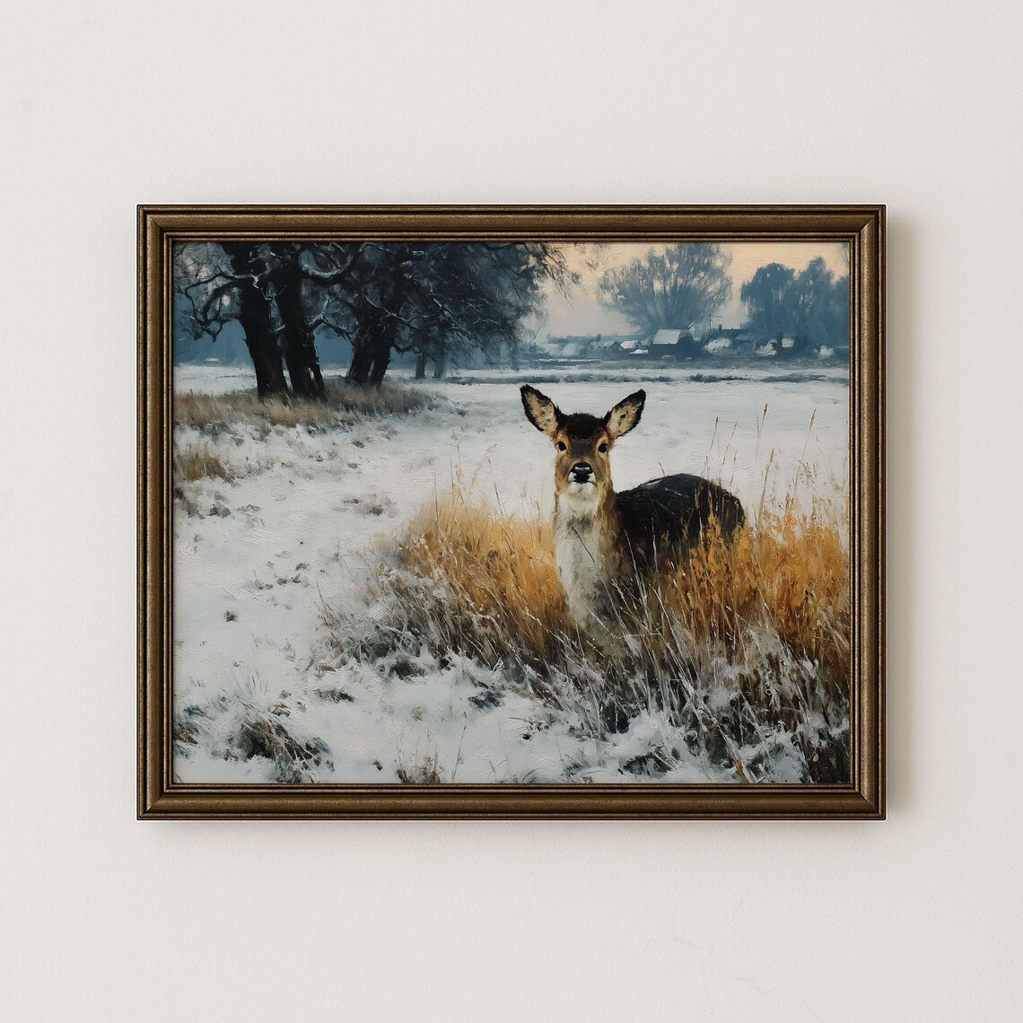 Vintage Winter Deer Painting Rustic Wildlife Art