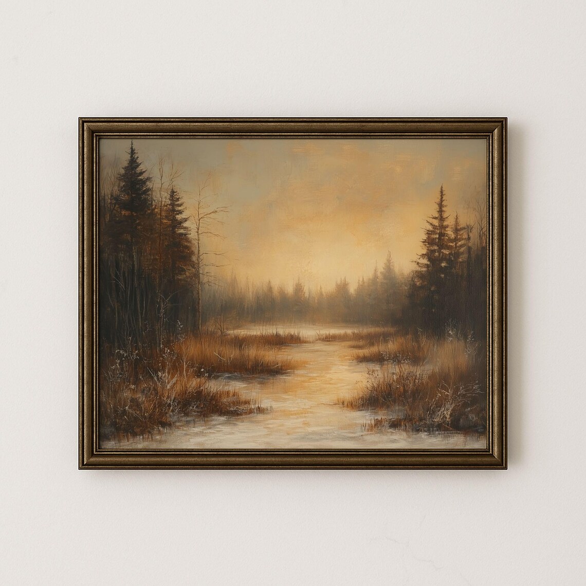 Misty Winter Meadow Frozen Stream Moody Landscape Oil Painting Poster