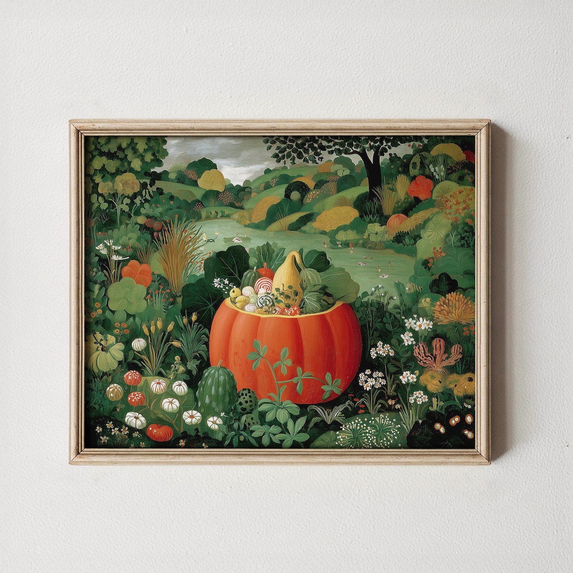 Giant Pumpkin Harvest Garden Folk Art Autumn Bounty Scene Art Poster
