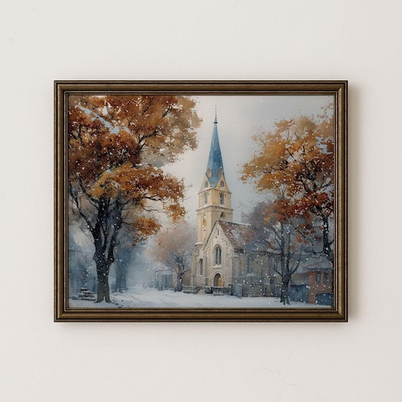 Autumn Church Steeple Vintage Print, Rustic Fall