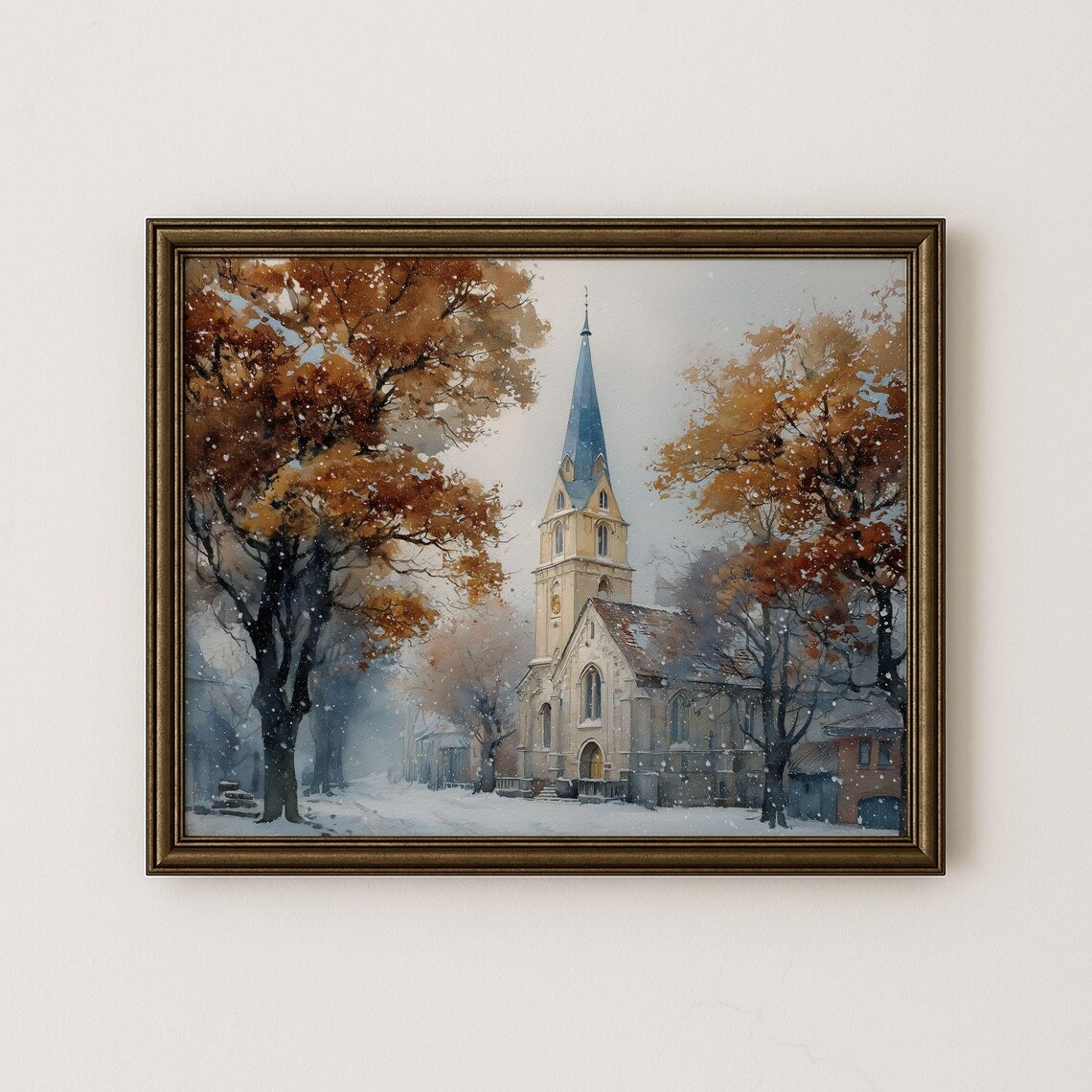 Autumn Church Steeple Vintage Print, Rustic Fall