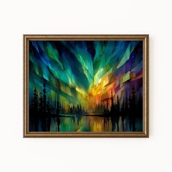 Northern Lights Watercolor Print Snowy Forest Aurora Borealis H319